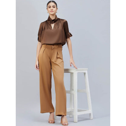 First Resort by Ramola Bachchan Brown Twisted Embellished Satin Shirt