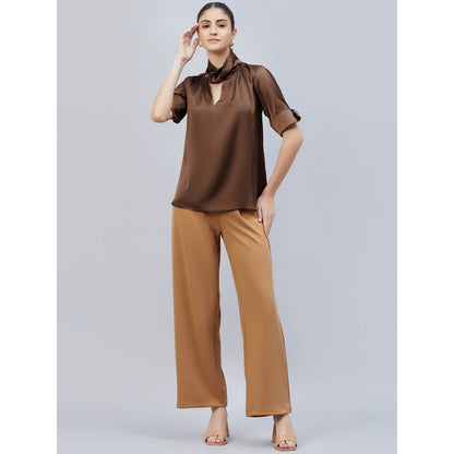 First Resort by Ramola Bachchan Brown Twisted Embellished Satin Shirt