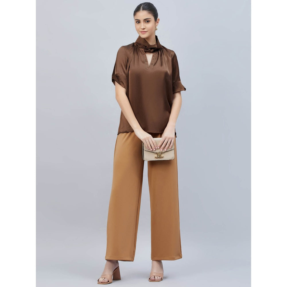 First Resort by Ramola Bachchan Brown Twisted Embellished Satin Shirt