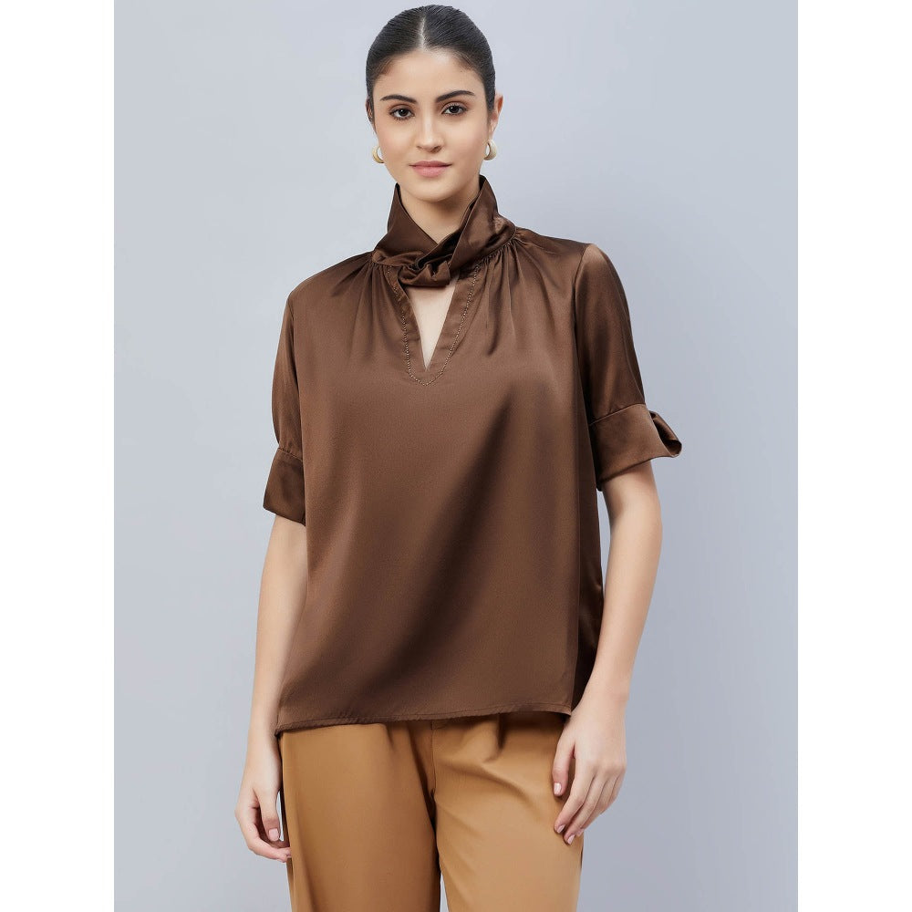 First Resort by Ramola Bachchan Brown Twisted Embellished Satin Shirt