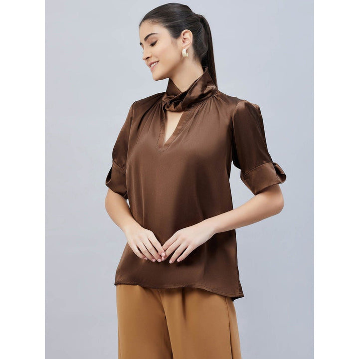 First Resort by Ramola Bachchan Brown Twisted Embellished Satin Shirt