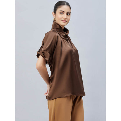 First Resort by Ramola Bachchan Brown Twisted Embellished Satin Shirt