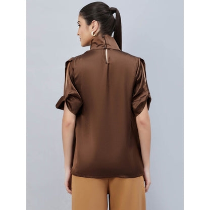 First Resort by Ramola Bachchan Brown Twisted Embellished Satin Shirt