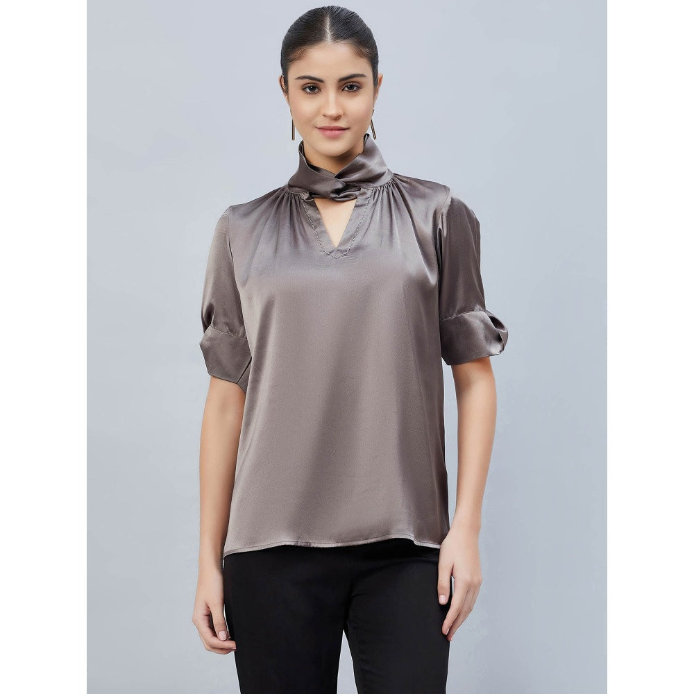 First Resort by Ramola Bachchan Grey Twisted Embellished Satin Shirt