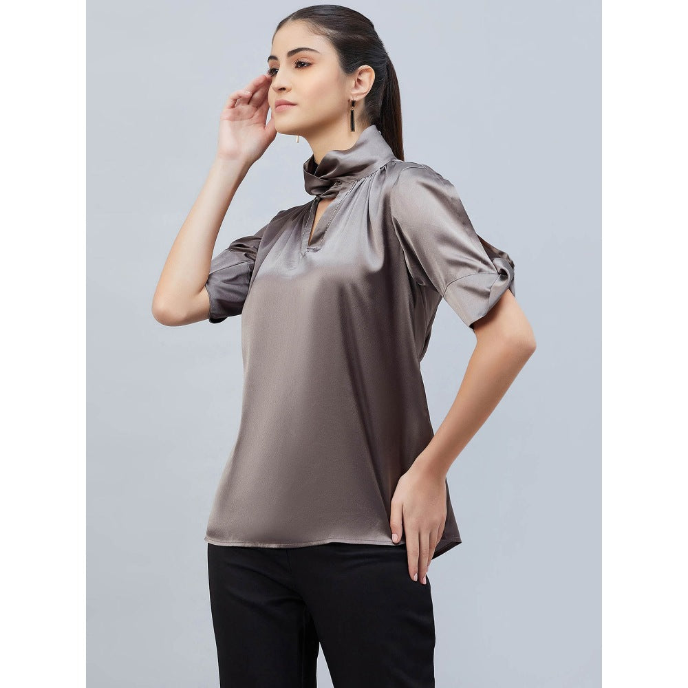 First Resort by Ramola Bachchan Grey Twisted Embellished Satin Shirt