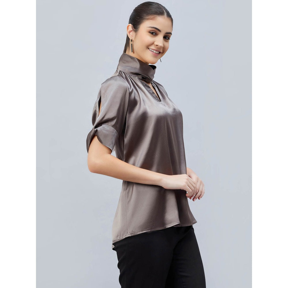 First Resort by Ramola Bachchan Grey Twisted Embellished Satin Shirt