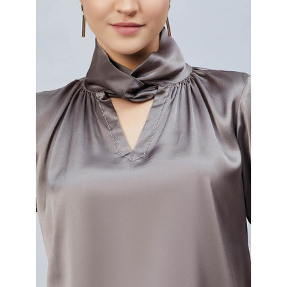 First Resort by Ramola Bachchan Grey Twisted Embellished Satin Shirt