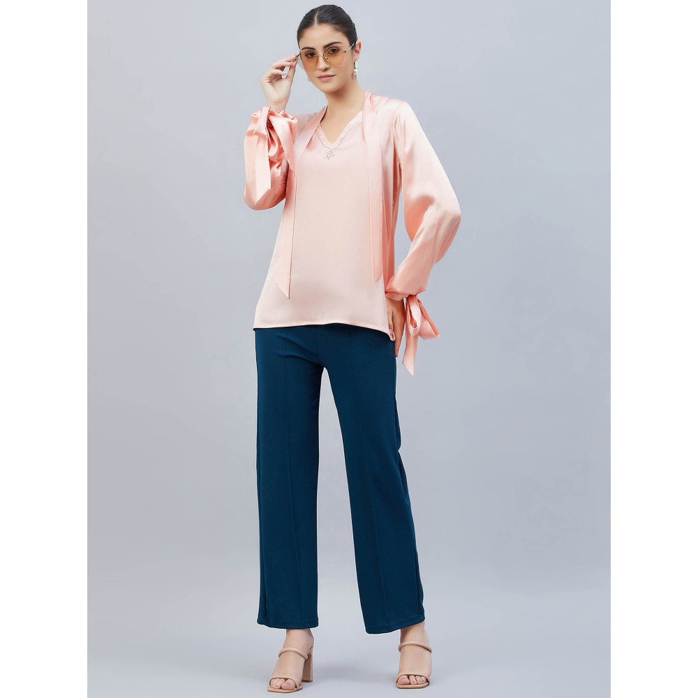 First Resort by Ramola Bachchan Pink Neck-Tie Embellished Satin Shirt