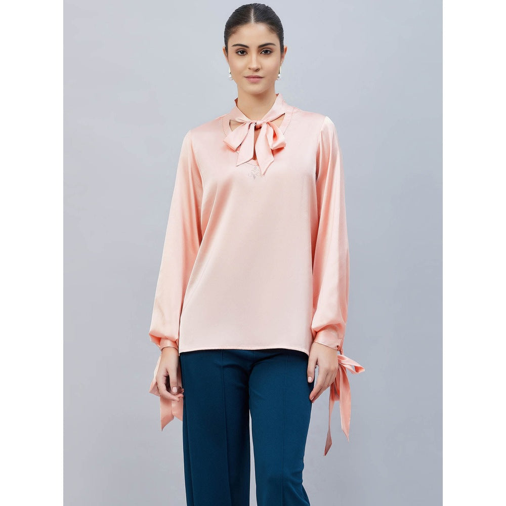 First Resort by Ramola Bachchan Pink Neck-Tie Embellished Satin Shirt