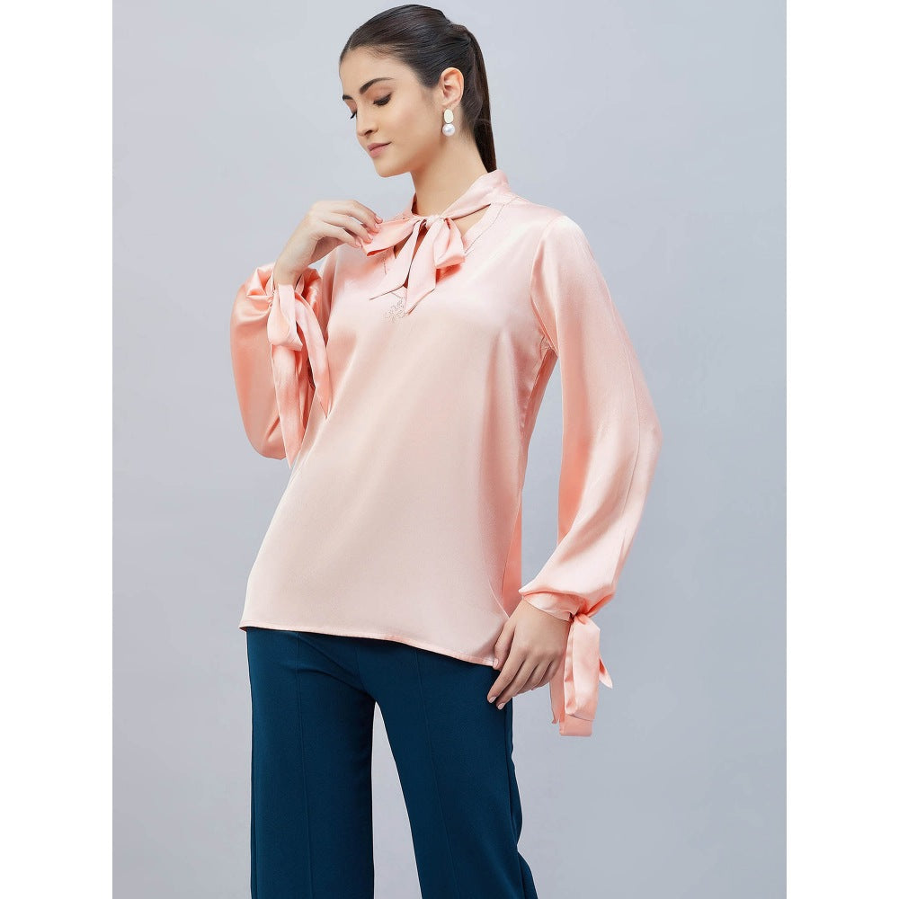 First Resort by Ramola Bachchan Pink Neck-Tie Embellished Satin Shirt