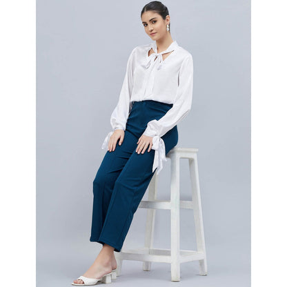 First Resort by Ramola Bachchan White Neck-Tie Embellished Satin Shirt