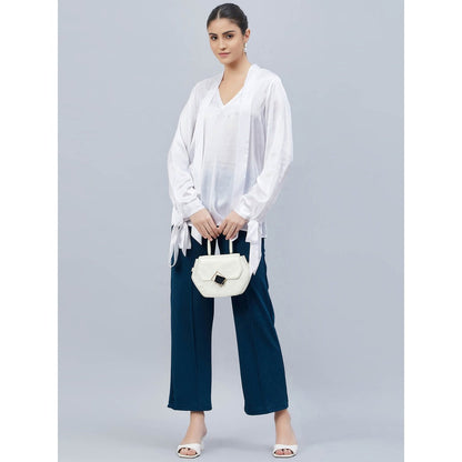 First Resort by Ramola Bachchan White Neck-Tie Embellished Satin Shirt