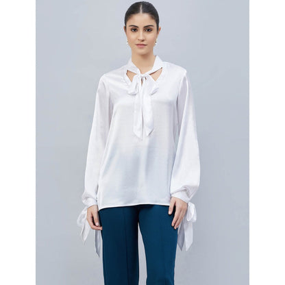 First Resort by Ramola Bachchan White Neck-Tie Embellished Satin Shirt