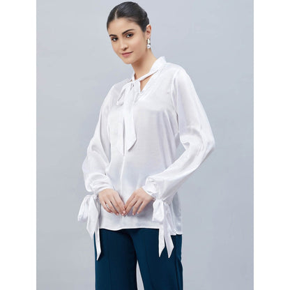 First Resort by Ramola Bachchan White Neck-Tie Embellished Satin Shirt