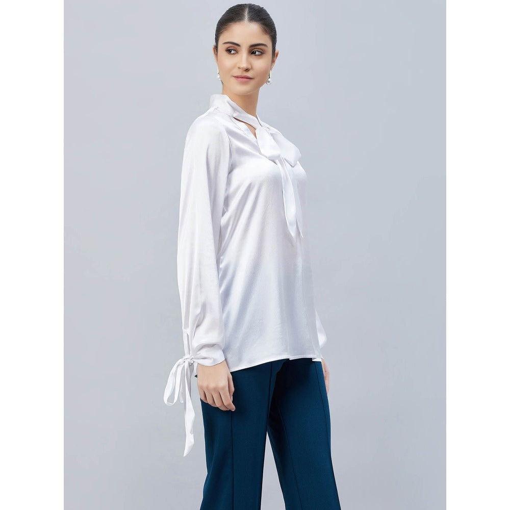 First Resort by Ramola Bachchan White Neck-Tie Embellished Satin Shirt