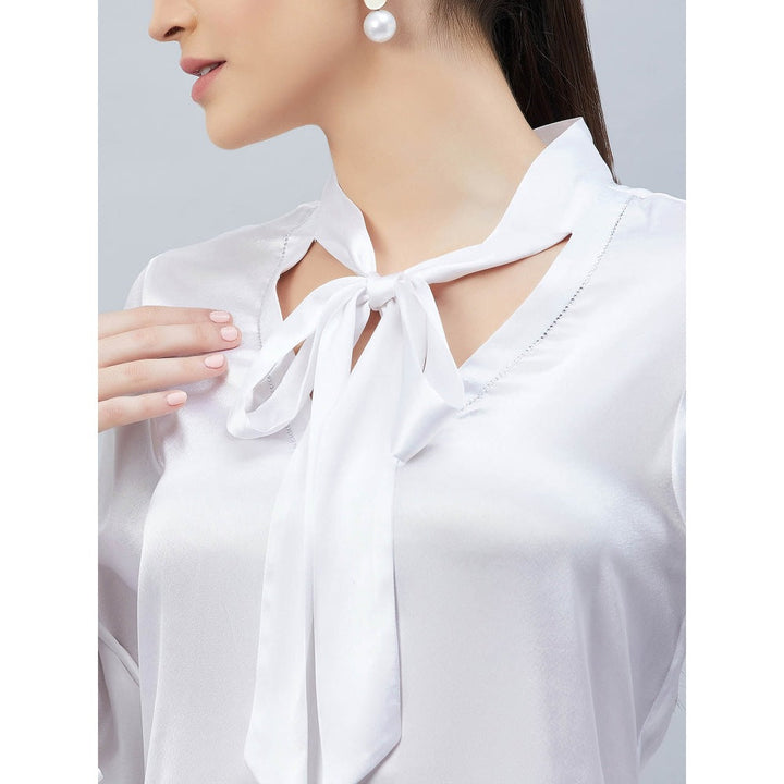 First Resort by Ramola Bachchan White Neck-Tie Embellished Satin Shirt