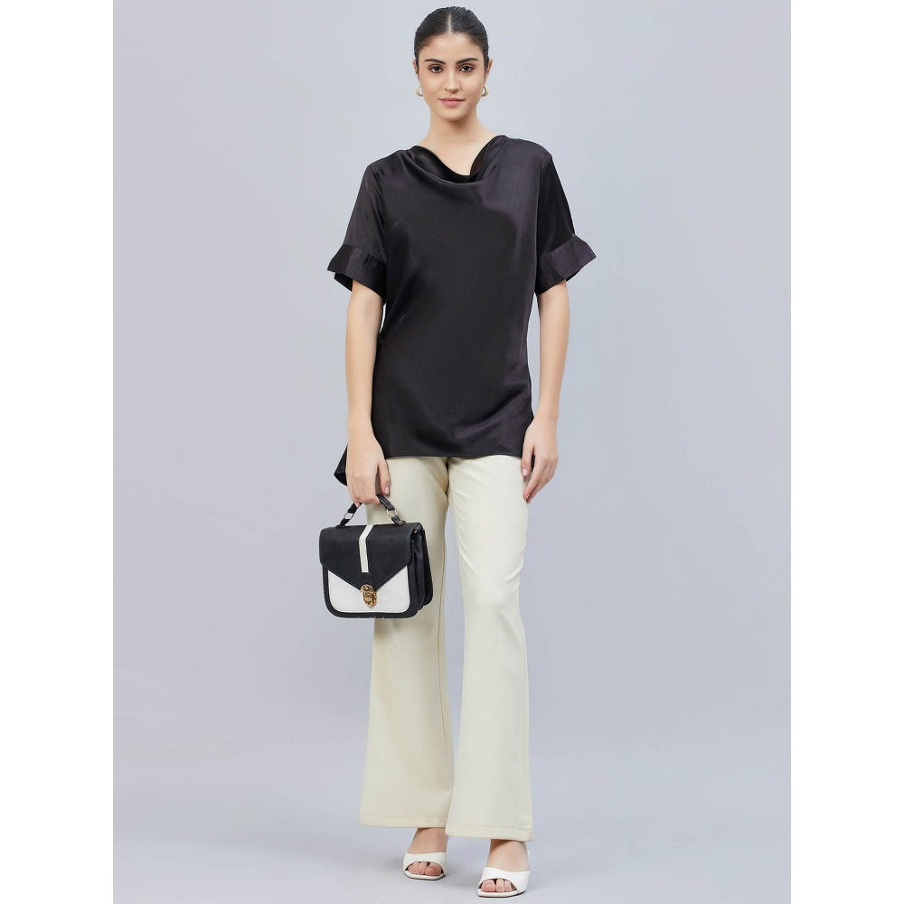 First Resort by Ramola Bachchan Black Cowl Neck Solid Satin Shirt