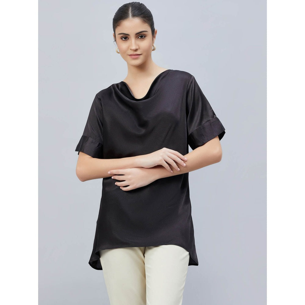 First Resort by Ramola Bachchan Black Cowl Neck Solid Satin Shirt