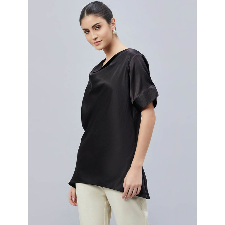 First Resort by Ramola Bachchan Black Cowl Neck Solid Satin Shirt