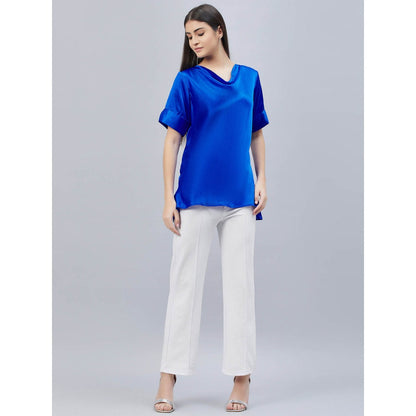 First Resort by Ramola Bachchan Cobalt Blue Cowl Neck Solid Satin Shirt