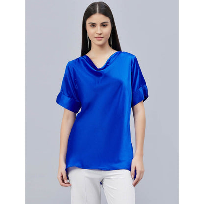 First Resort by Ramola Bachchan Cobalt Blue Cowl Neck Solid Satin Shirt