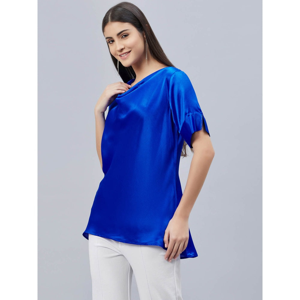 First Resort by Ramola Bachchan Cobalt Blue Cowl Neck Solid Satin Shirt