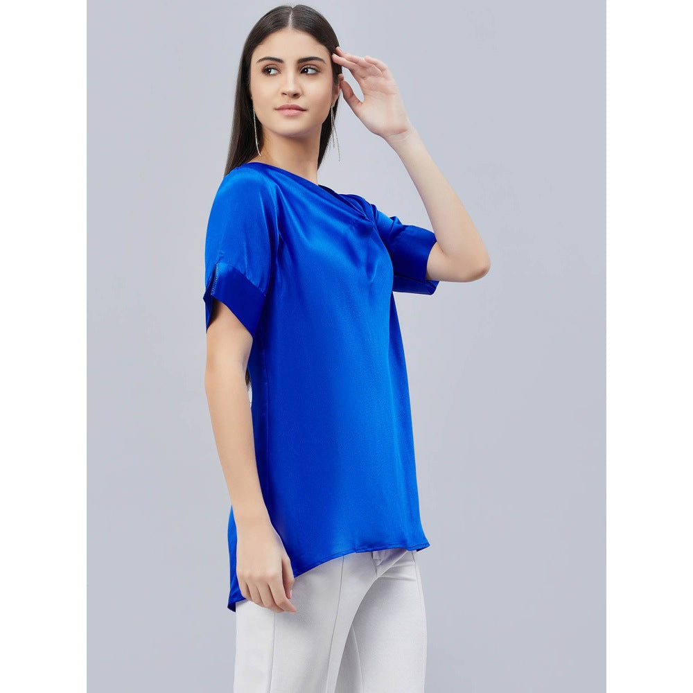 First Resort by Ramola Bachchan Cobalt Blue Cowl Neck Solid Satin Shirt