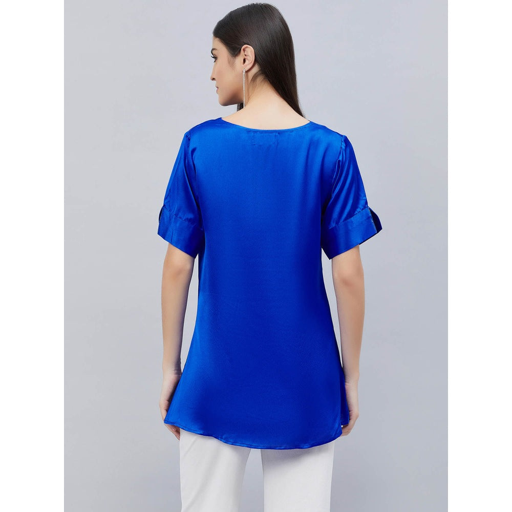First Resort by Ramola Bachchan Cobalt Blue Cowl Neck Solid Satin Shirt