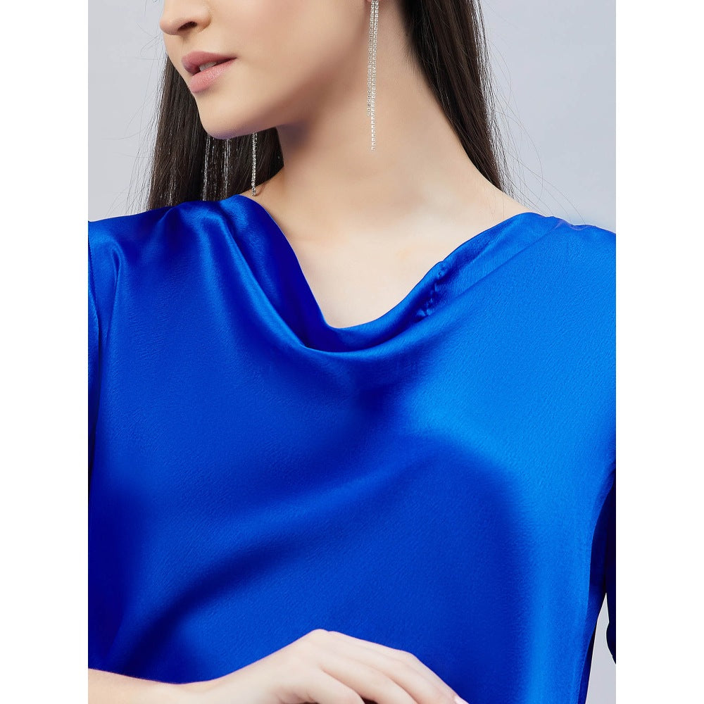 First Resort by Ramola Bachchan Cobalt Blue Cowl Neck Solid Satin Shirt