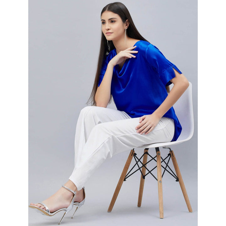First Resort by Ramola Bachchan Cobalt Blue Cowl Neck Solid Satin Shirt