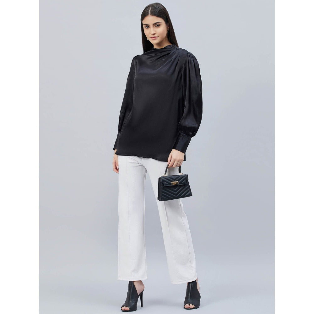 First Resort by Ramola Bachchan Black Shoulder Pleated Solid Satin Shirt