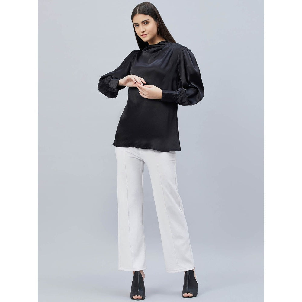 First Resort by Ramola Bachchan Black Shoulder Pleated Solid Satin Shirt