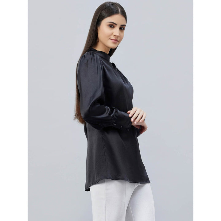 First Resort by Ramola Bachchan Black Shoulder Pleated Solid Satin Shirt