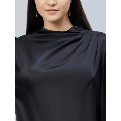 First Resort by Ramola Bachchan Black Shoulder Pleated Solid Satin Shirt