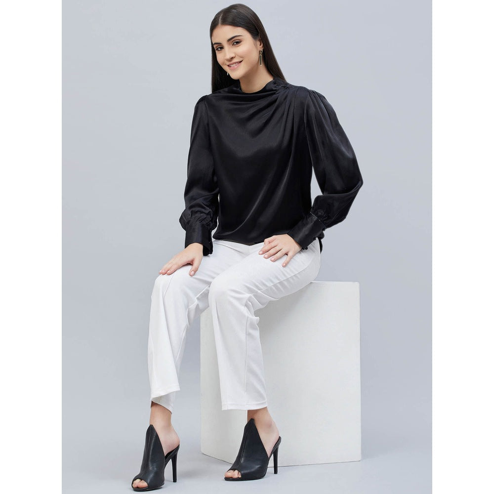 First Resort by Ramola Bachchan Black Shoulder Pleated Solid Satin Shirt