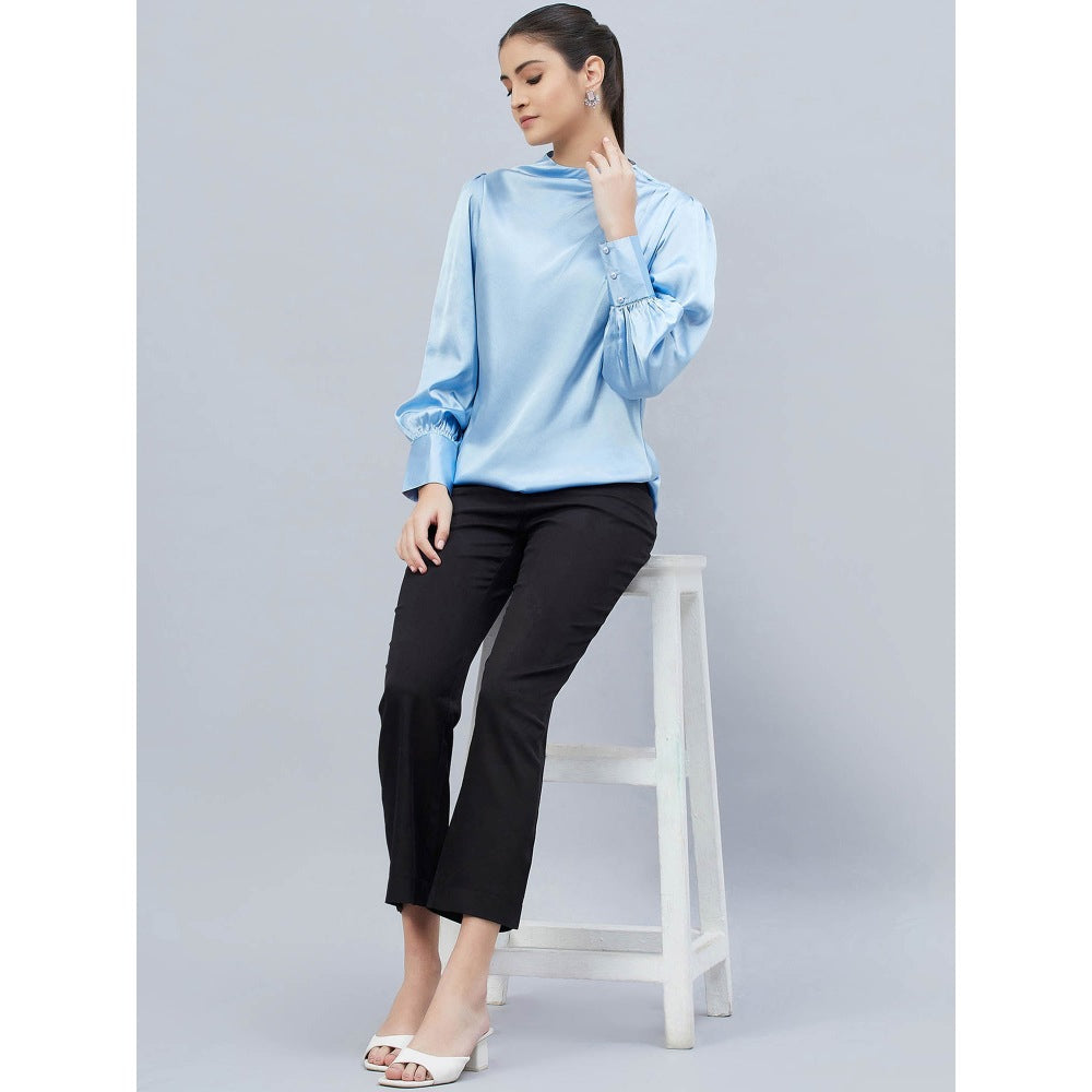 First Resort by Ramola Bachchan Blue Shoulder Pleated Solid Satin Shirt
