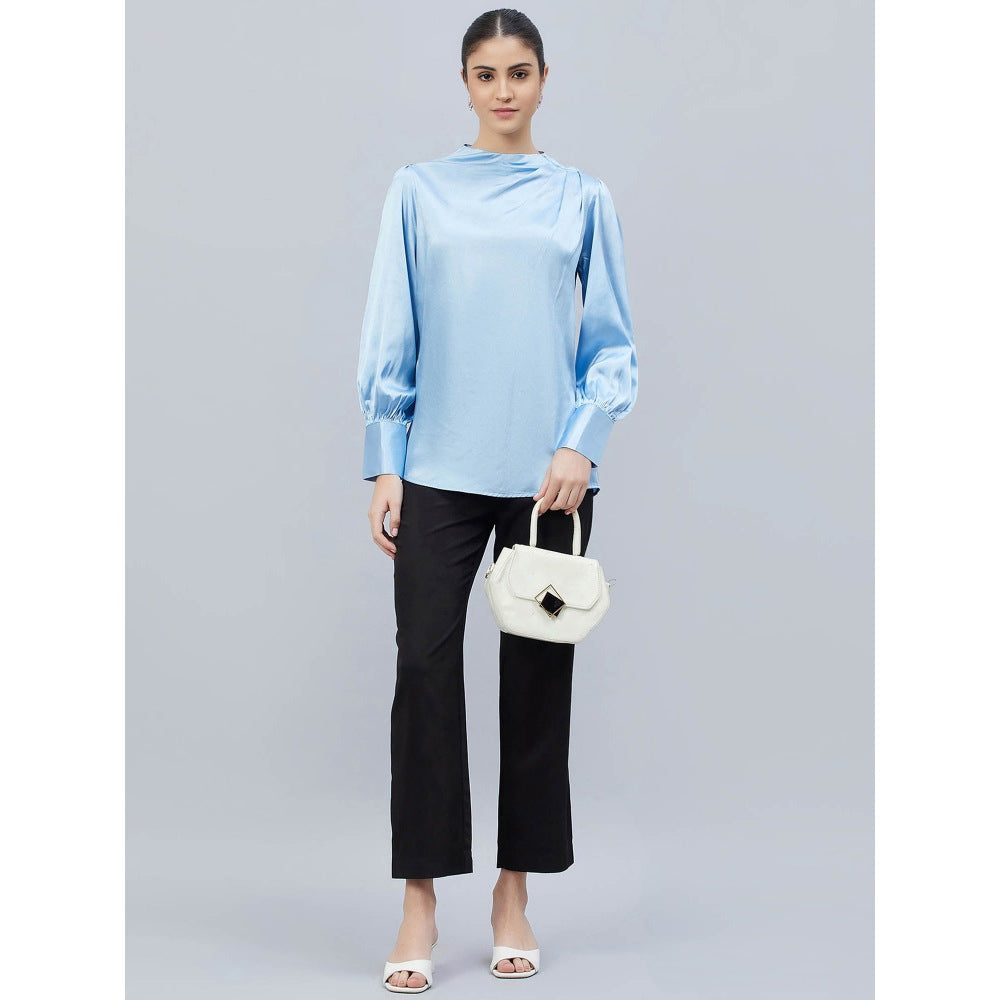 First Resort by Ramola Bachchan Blue Shoulder Pleated Solid Satin Shirt