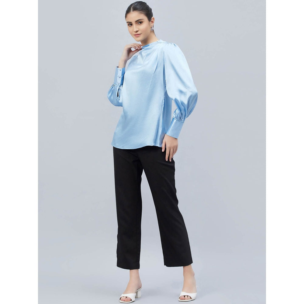 First Resort by Ramola Bachchan Blue Shoulder Pleated Solid Satin Shirt