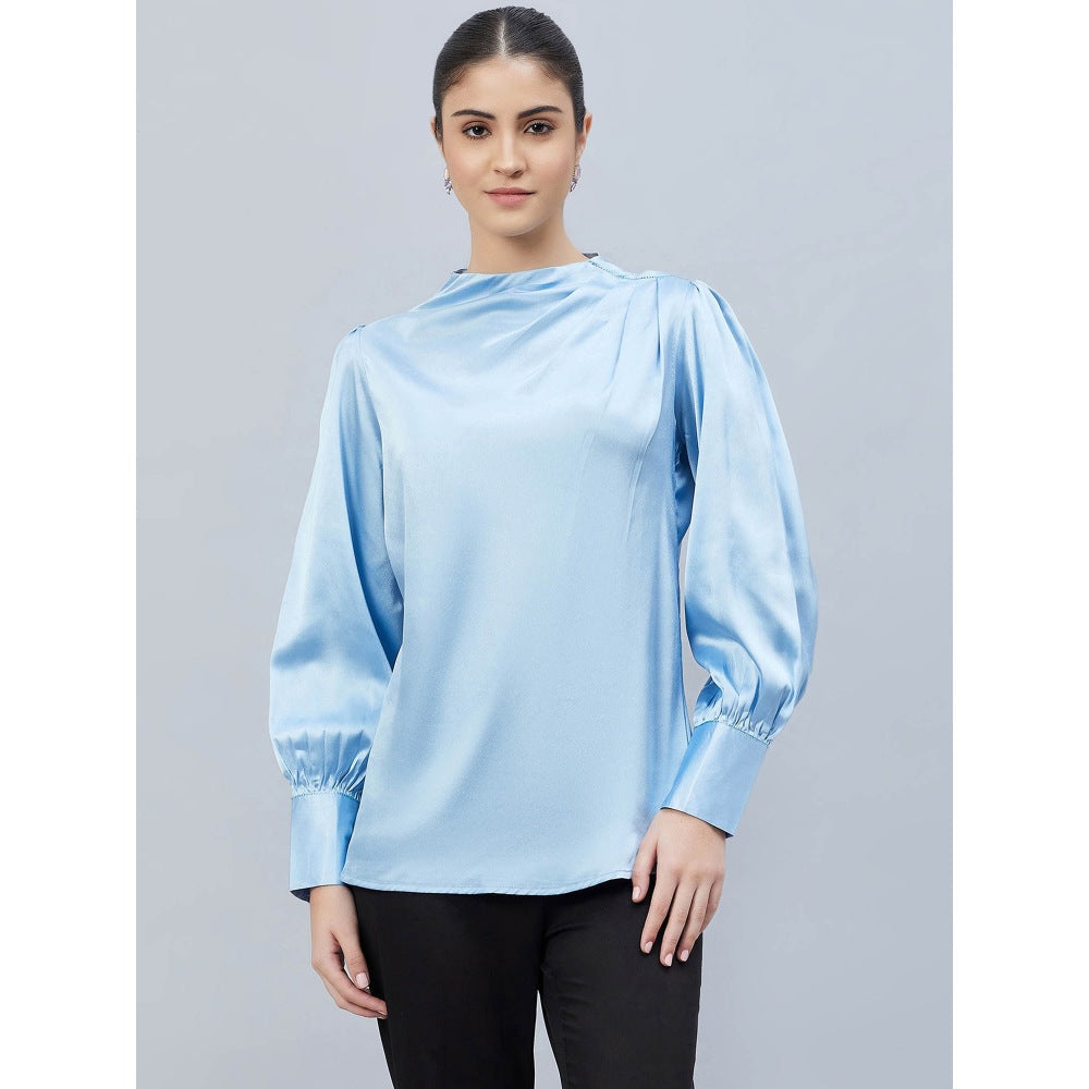 First Resort by Ramola Bachchan Blue Shoulder Pleated Solid Satin Shirt
