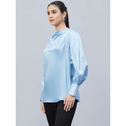 First Resort by Ramola Bachchan Blue Shoulder Pleated Solid Satin Shirt