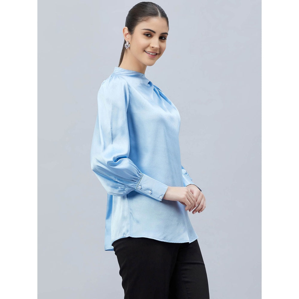 First Resort by Ramola Bachchan Blue Shoulder Pleated Solid Satin Shirt