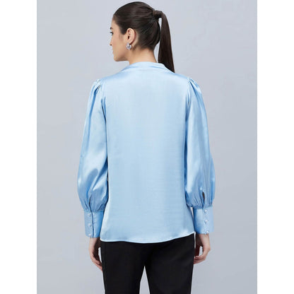 First Resort by Ramola Bachchan Blue Shoulder Pleated Solid Satin Shirt