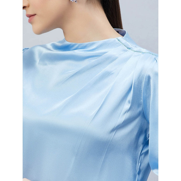 First Resort by Ramola Bachchan Blue Shoulder Pleated Solid Satin Shirt