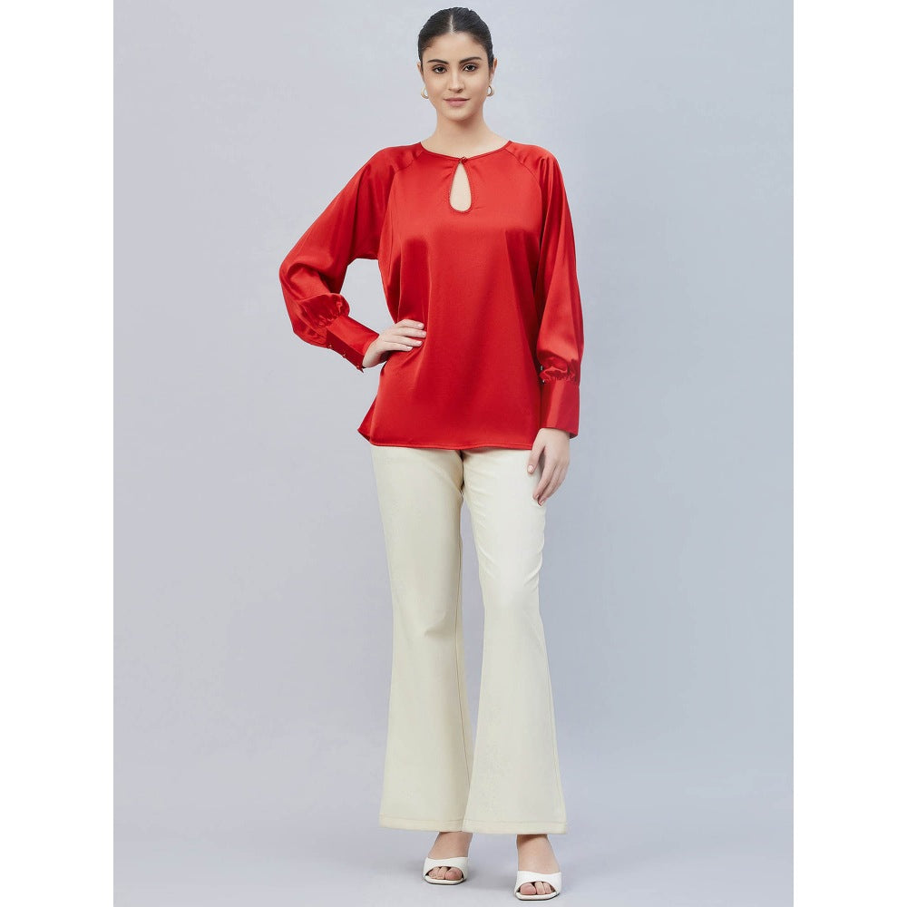 First Resort by Ramola Bachchan Red Keyhole Solid Satin Shirt