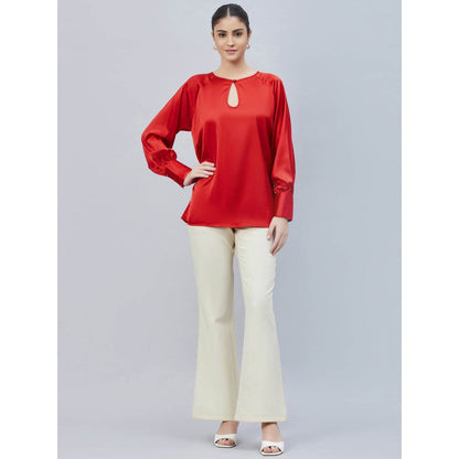 First Resort by Ramola Bachchan Red Keyhole Solid Satin Shirt