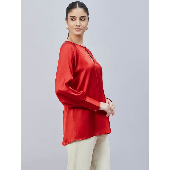 First Resort by Ramola Bachchan Red Keyhole Solid Satin Shirt