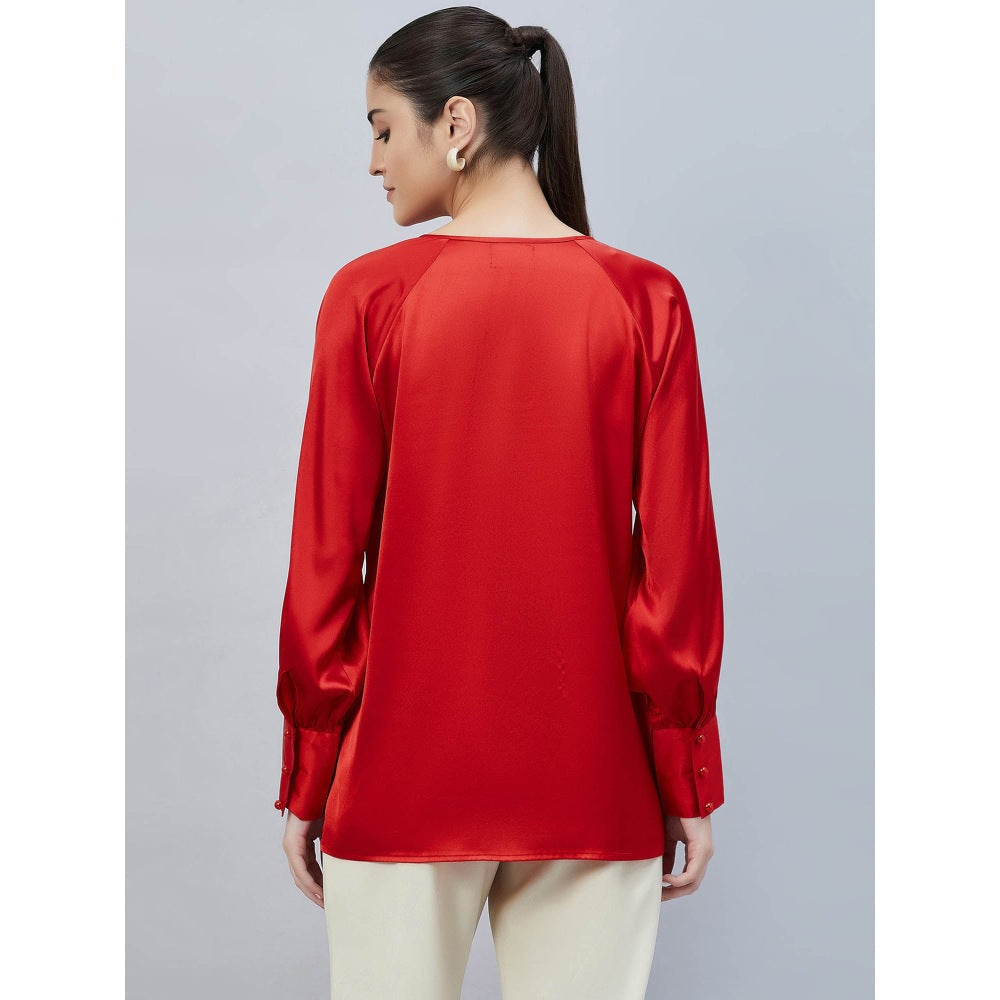 First Resort by Ramola Bachchan Red Keyhole Solid Satin Shirt