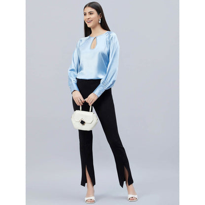 First Resort by Ramola Bachchan Sky Blue Keyhole Solid Satin Shirt