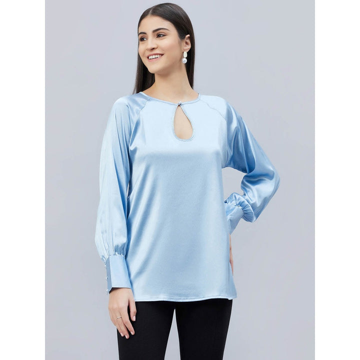 First Resort by Ramola Bachchan Sky Blue Keyhole Solid Satin Shirt