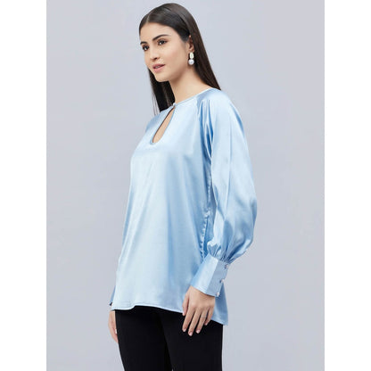 First Resort by Ramola Bachchan Sky Blue Keyhole Solid Satin Shirt